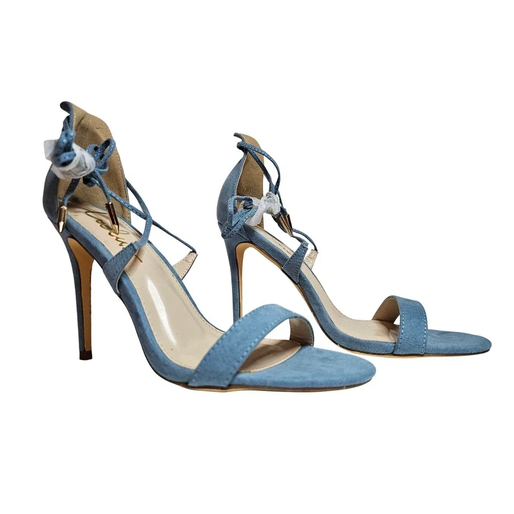 NEW Lulus Blue Faux Suede Lace Up Stiletto Heels Ankle‎ Tie Sandals Womens 8